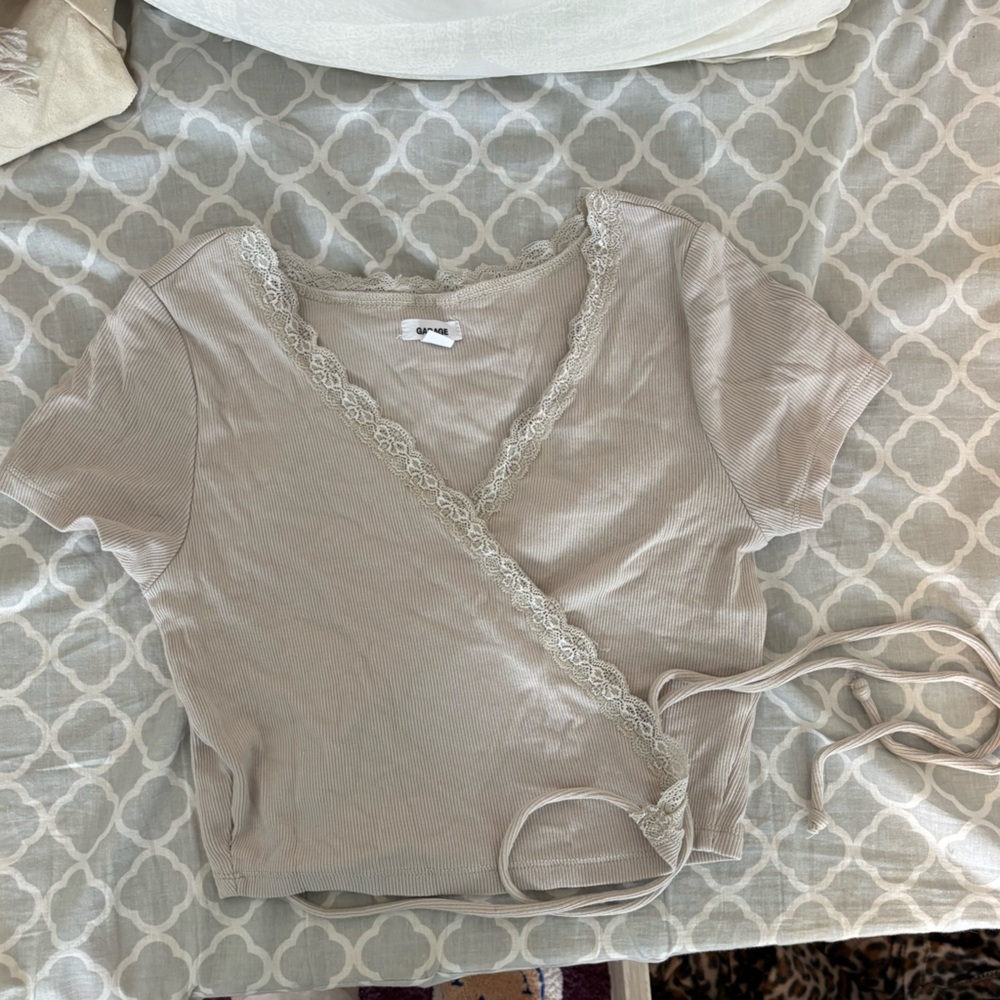 Beige Wrap Top with Lace Trim